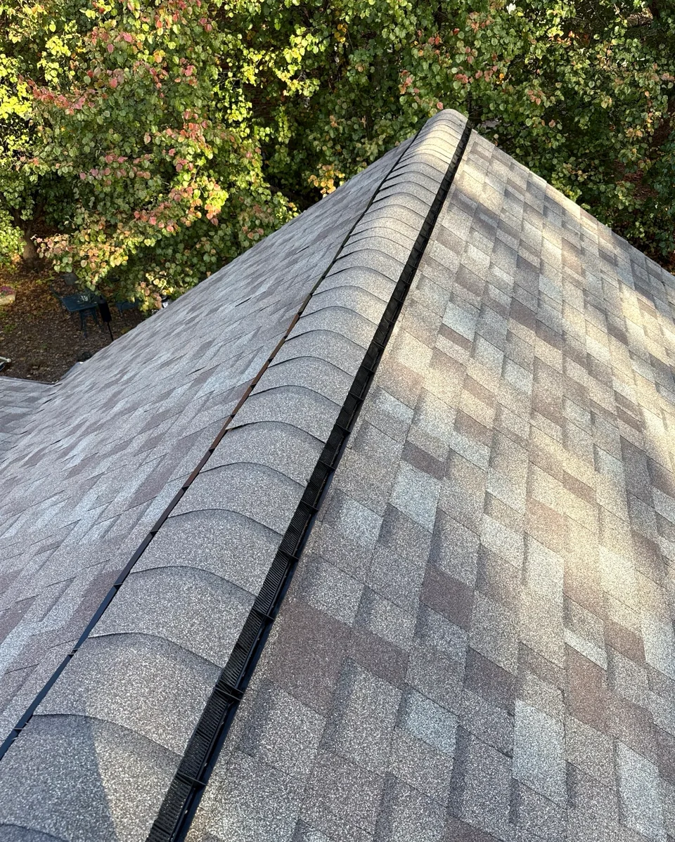 Close-up of ridge cap shingles and continuous ridge vent on an architectural shingle roof.